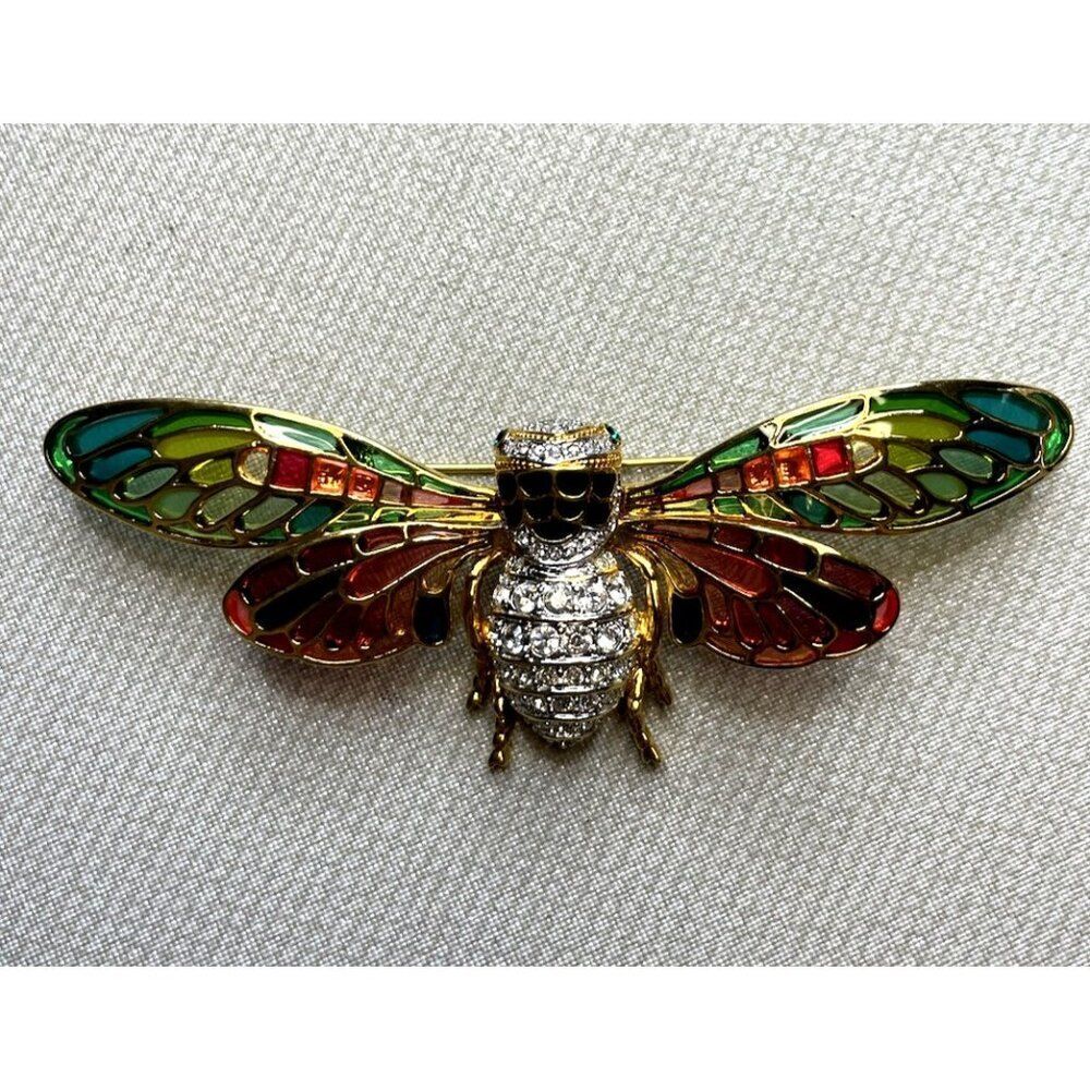 Vintage Joan Rivers Plique A Jour Stain Glass Enamel Crystal Cicada Bug Brooch - Picture 2 of 13